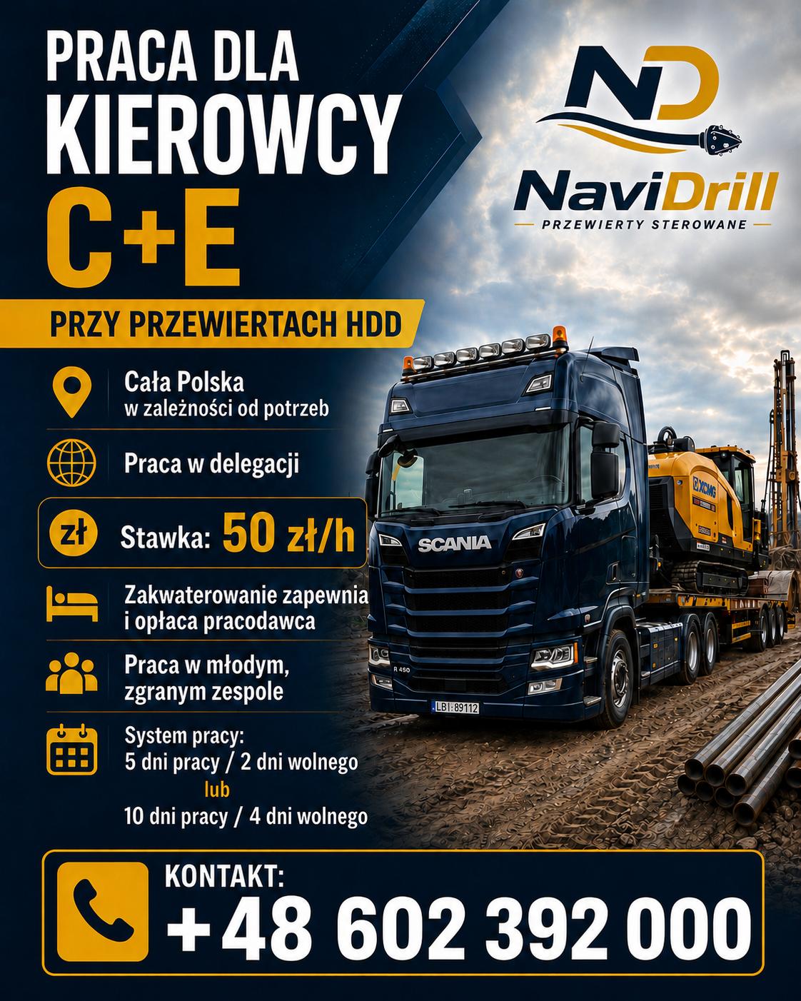 Granatowa Scania z wiertnicą HDD XCMG na naczepie